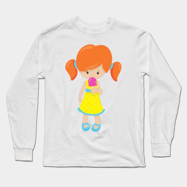 Girl With Ice Cream, Cute Girl, Orange Hair Long Sleeve T-Shirt by Jelena Dunčević